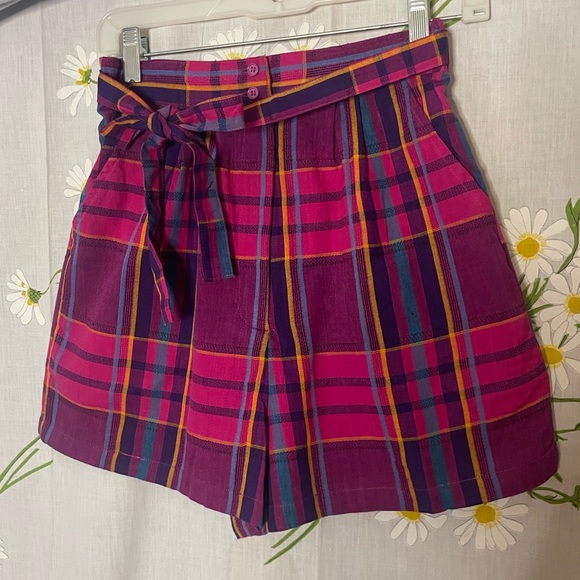 Vintage 80s jewel tone madras plaid high waisted paper bag loose fit mom shorts - Picture 4 of 6